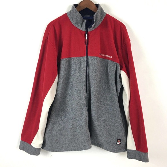 VTG Tommy Hilfiger Jacket Mens XXL Red Gray Fleece Full Zip Embroidered Logo YTK